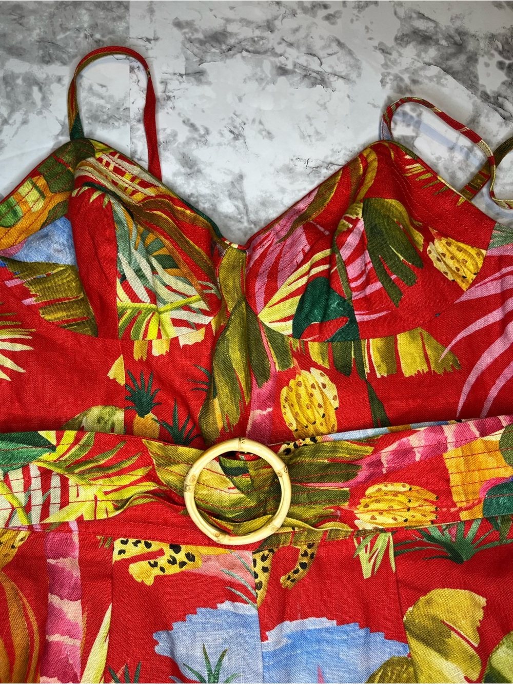 FARM Rio Red Tropical-Print Spaghetti-Strap Jumpsuit with Belt - Picture 3 of 8